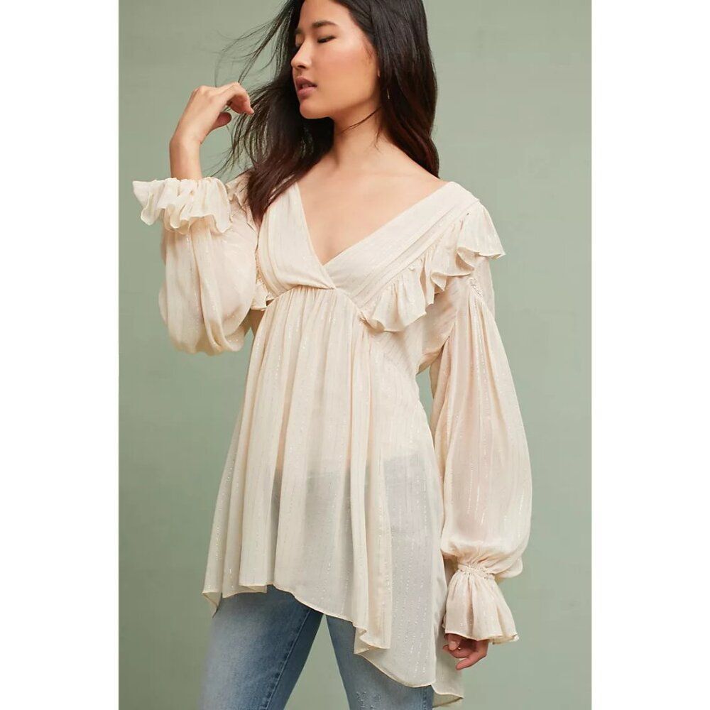 Anthropologie Maeve Wynne Tunic Top Cream Metallic Size 8 FLAWED Whimsygoth